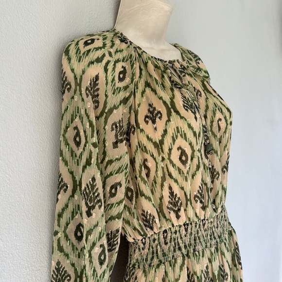 ZARA green abstract print long sleeve chiffon Swiss dot tie neck dress size XS - Picture 6 of 12